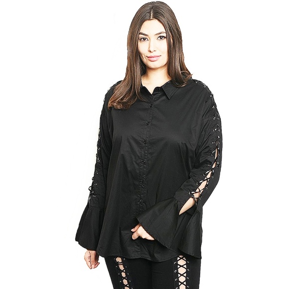 Gothic Steampunk Lace Up Sleeve Blouse Shirt Top - Picture 8 of 8